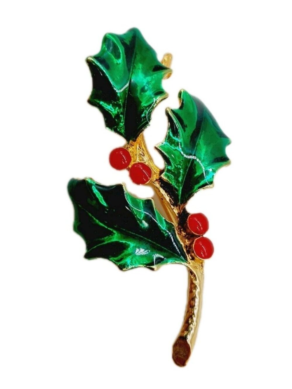 AAI Holly Green Enamel Gold tone Brooch Pin 1990s